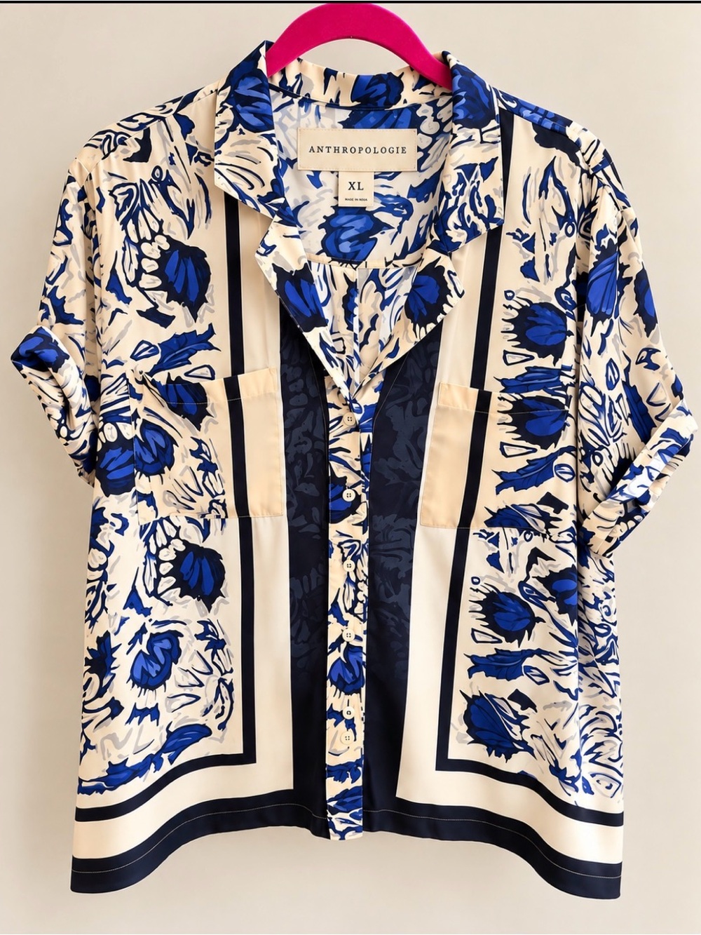 Anthropologie Blue & Cream Floral Statement Blouse - XL